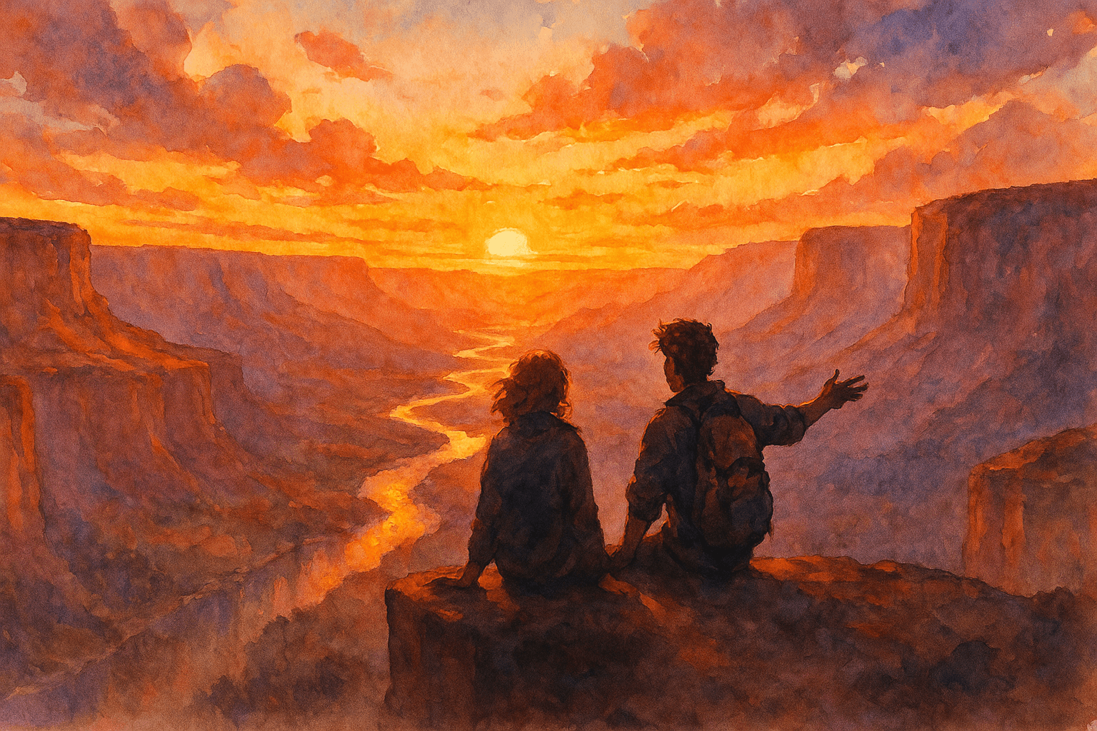 Illustration vibrante d’un couple assis au sommet d’une falaise, contemplant le coucher de soleil et la rivière sinueuse, symbole de la sagesse et de l’unité avec l’univers, vibration du chiffre 7.