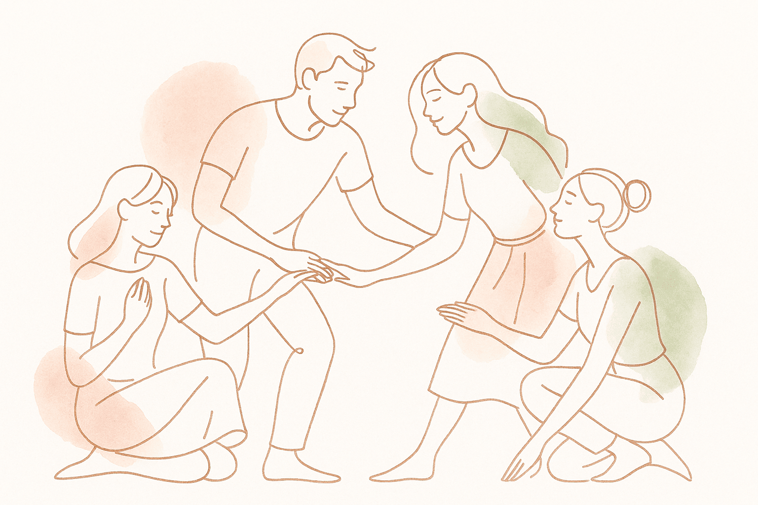 Illustration aquarelle minimaliste représentant quatre personnes en interaction douce et bienveillante, symbole de l’énergie du nombre 6 : amour, équilibre, harmonie.