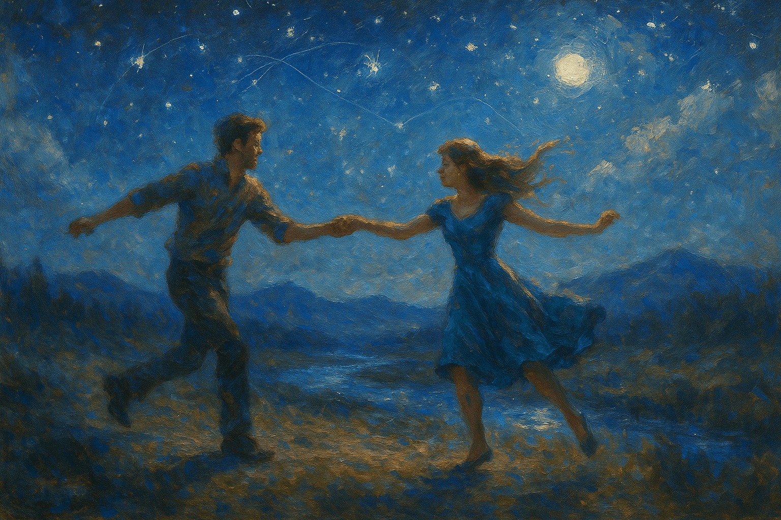 Illustration peinte en style impressionniste d’un couple dansant sous un ciel étoilé, évoquant l’énergie du nombre 5 : la liberté, l’aventure et la spontanéité.