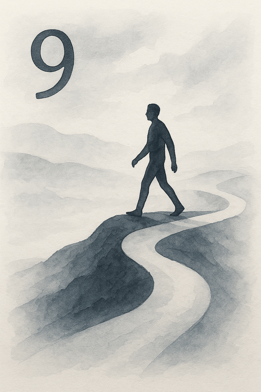 Illustration en noir et blanc d’un homme marchant, silhouette pensive et isolée avec un grand nombre 9, symbolisant l’énergie du 9 : l’introspection, la fin d’un cycle et la transformation.