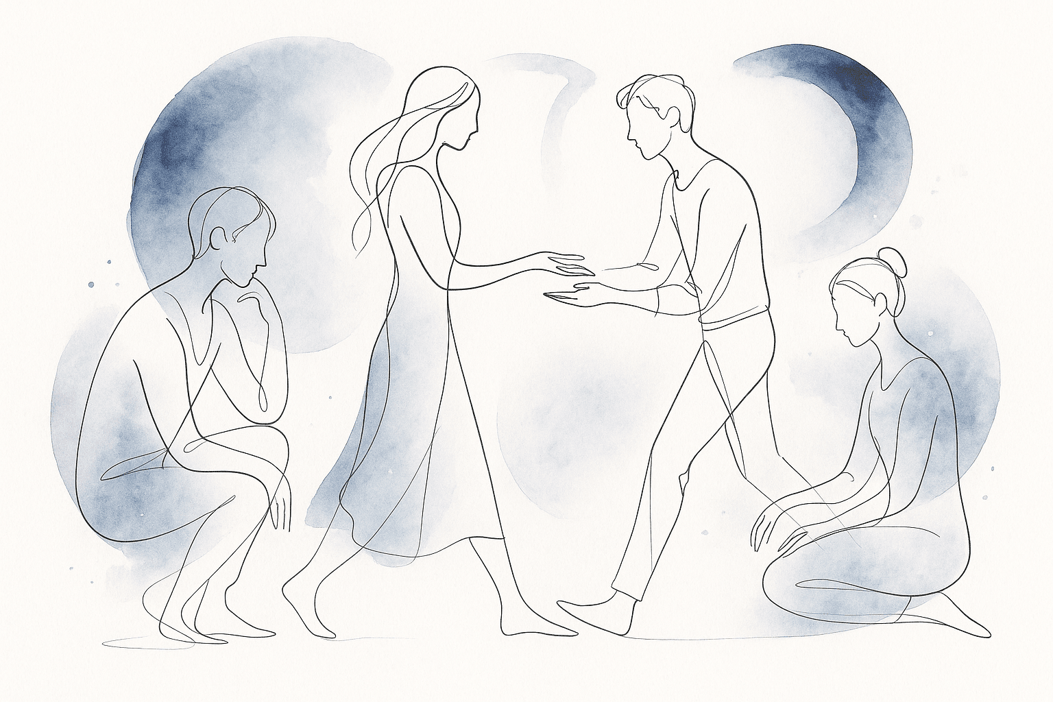 Illustration poétique et minimaliste en aquarelle bleu et gris d’un groupe de quatre personnes dans des postures d’introspection et de contemplation, incarnant l’énergie du 7 : la recherche intérieure, la sagesse et la spiritualité
