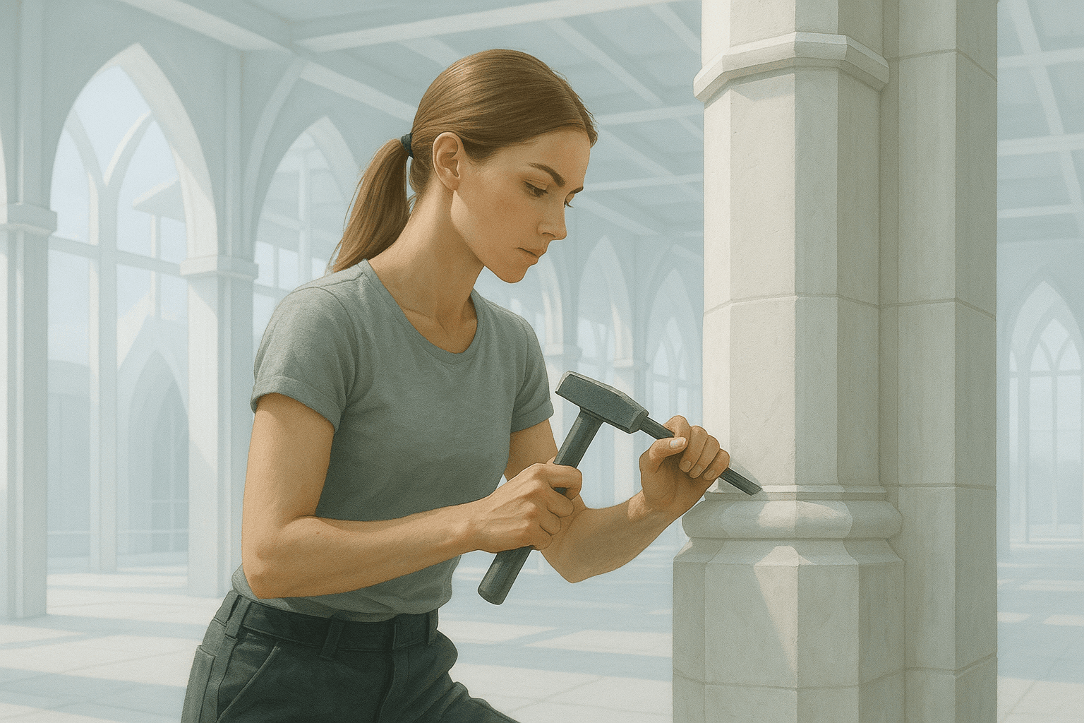 Illustration d'une femme travaillant sur un pilier de cathédrale, symbolisant l'énergie du chiffre 4 : la construction, la stabilité et la persévérance.