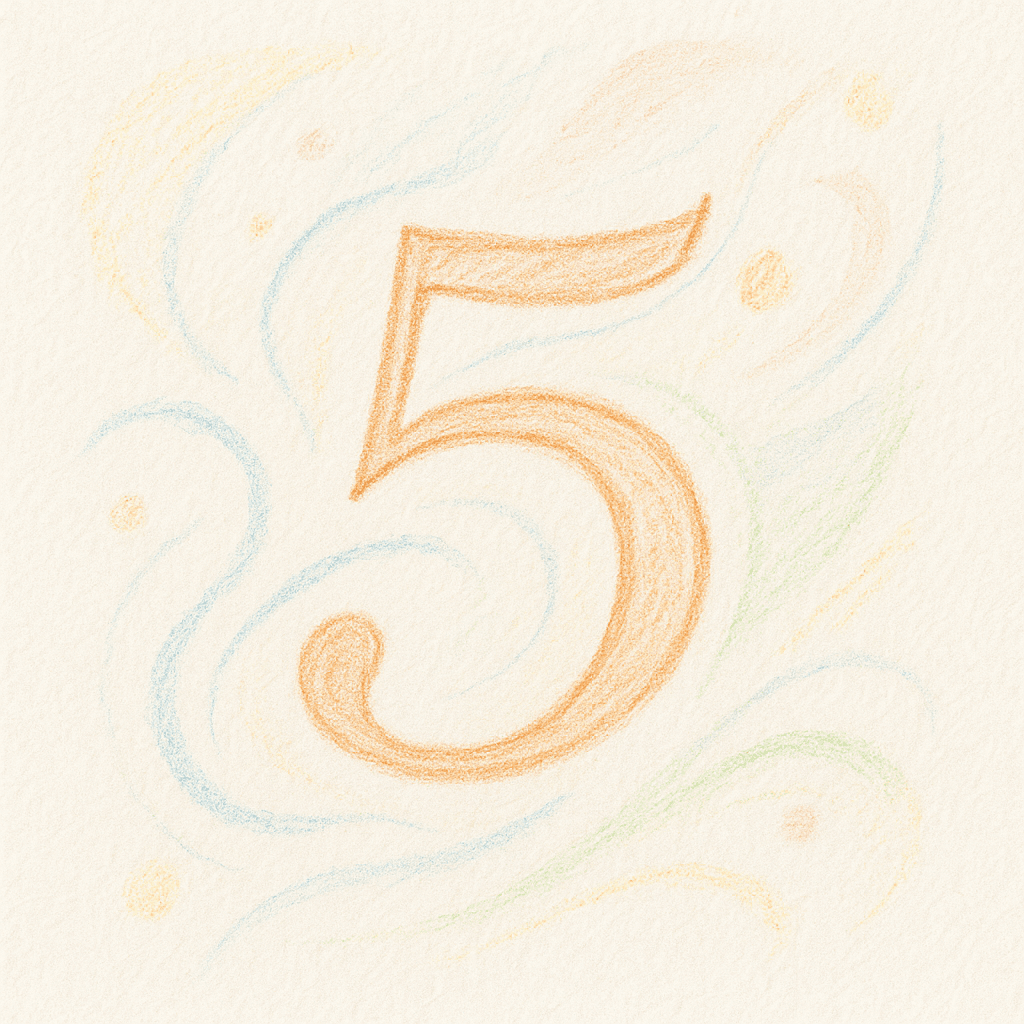 Illustration colorée et dynamique du chiffre 5, tracé au crayon pastel avec des courbes et des tourbillons symbolisant le mouvement, l’énergie et la liberté.