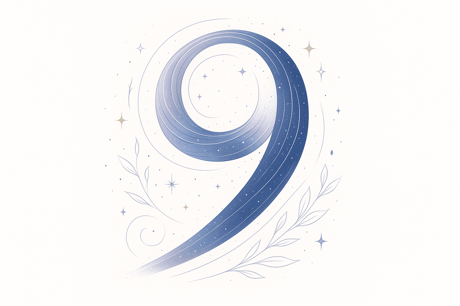 Illustration cosmique et poétique du nombre 9 en bleu profond, orné d’étoiles et de feuillages délicats, symbolisant l’universalité, la sagesse et la compassion.
