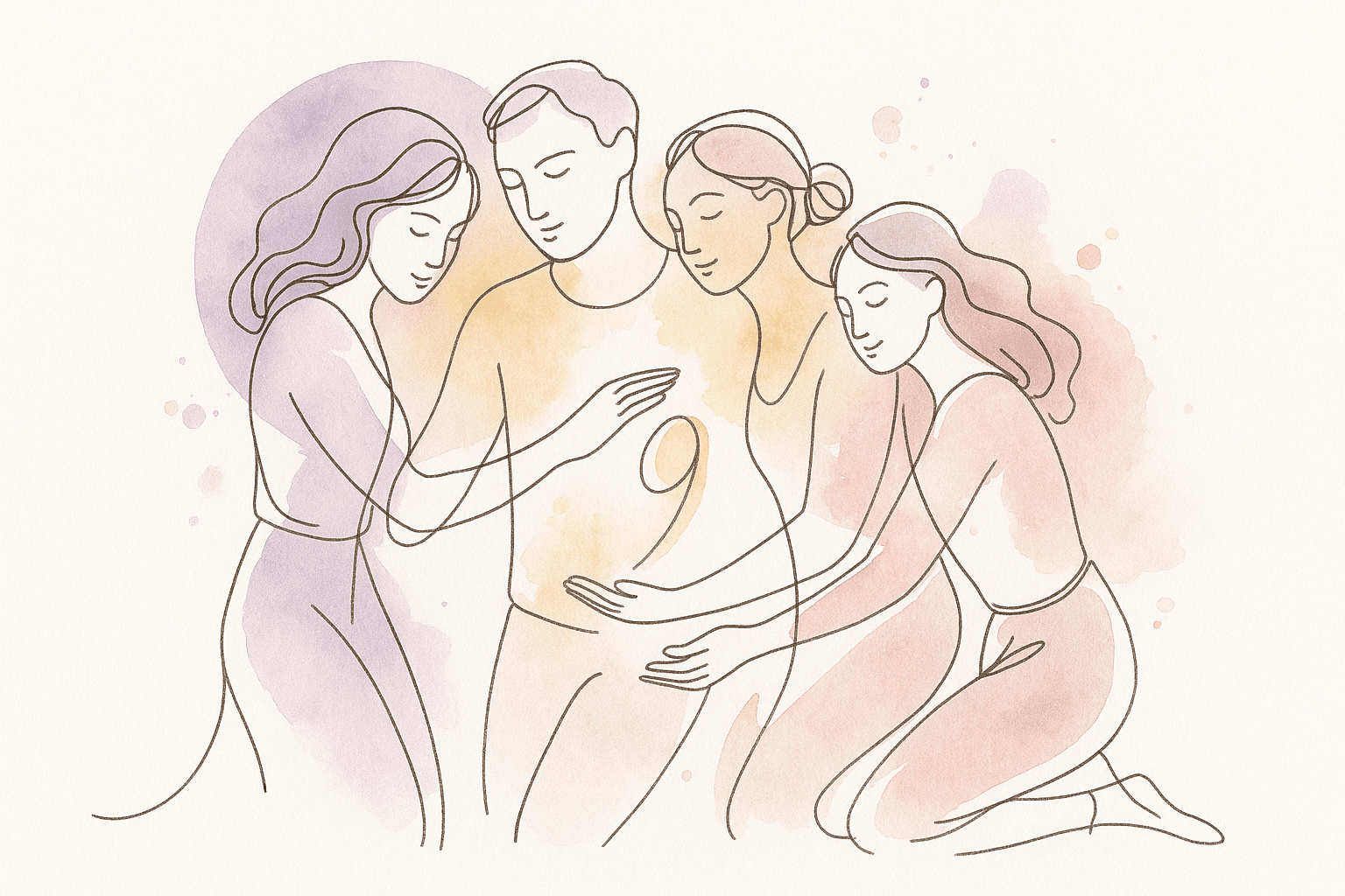Illustration douce en aquarelle représentant quatre personnes entourant une personne au centre, un chiffre 9 lumineux sur son torse, incarnant la connexion universelle et la sagesse du 9.
