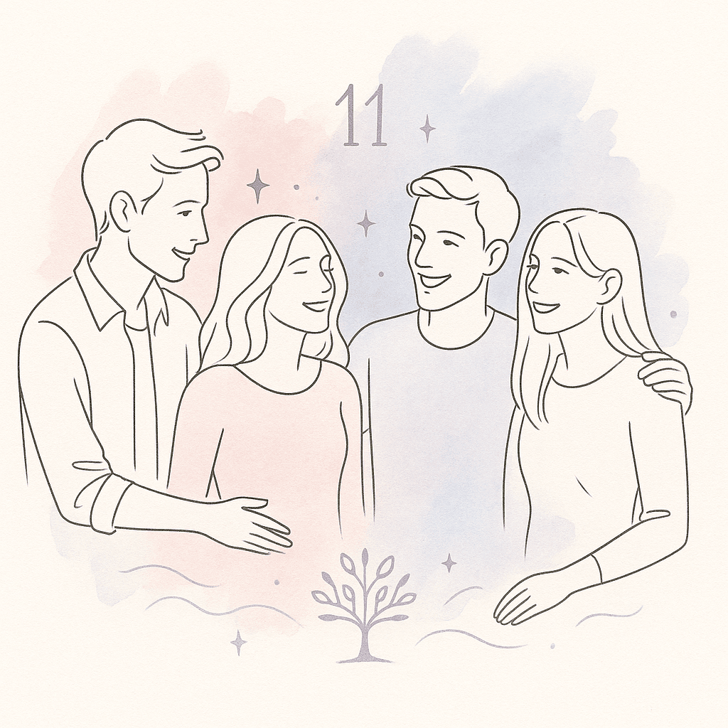Illustration poétique de quatre amis sous un ciel étoilé, portés par l’énergie du nombre 11, évoquant la magie des connexions profondes.