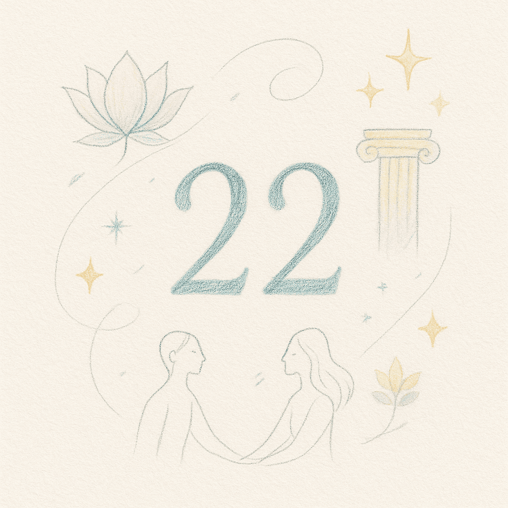 Illustration délicate en style crayonné du chiffre 22, encadré par des motifs subtils comme le lotus, une colonne antique et un couple se tenant la main, symbolisant l’harmonie, la construction et la force du 22.