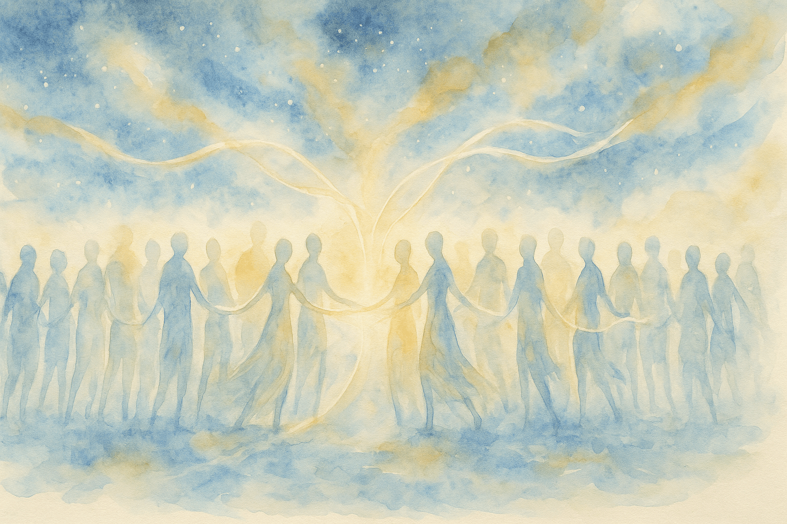 Illustration onirique en aquarelle de silhouettes humaines formant un cercle lumineux et harmonieux, symbolisant l’énergie collective et la puissance du nombre 22, maître nombre de la construction universelle.