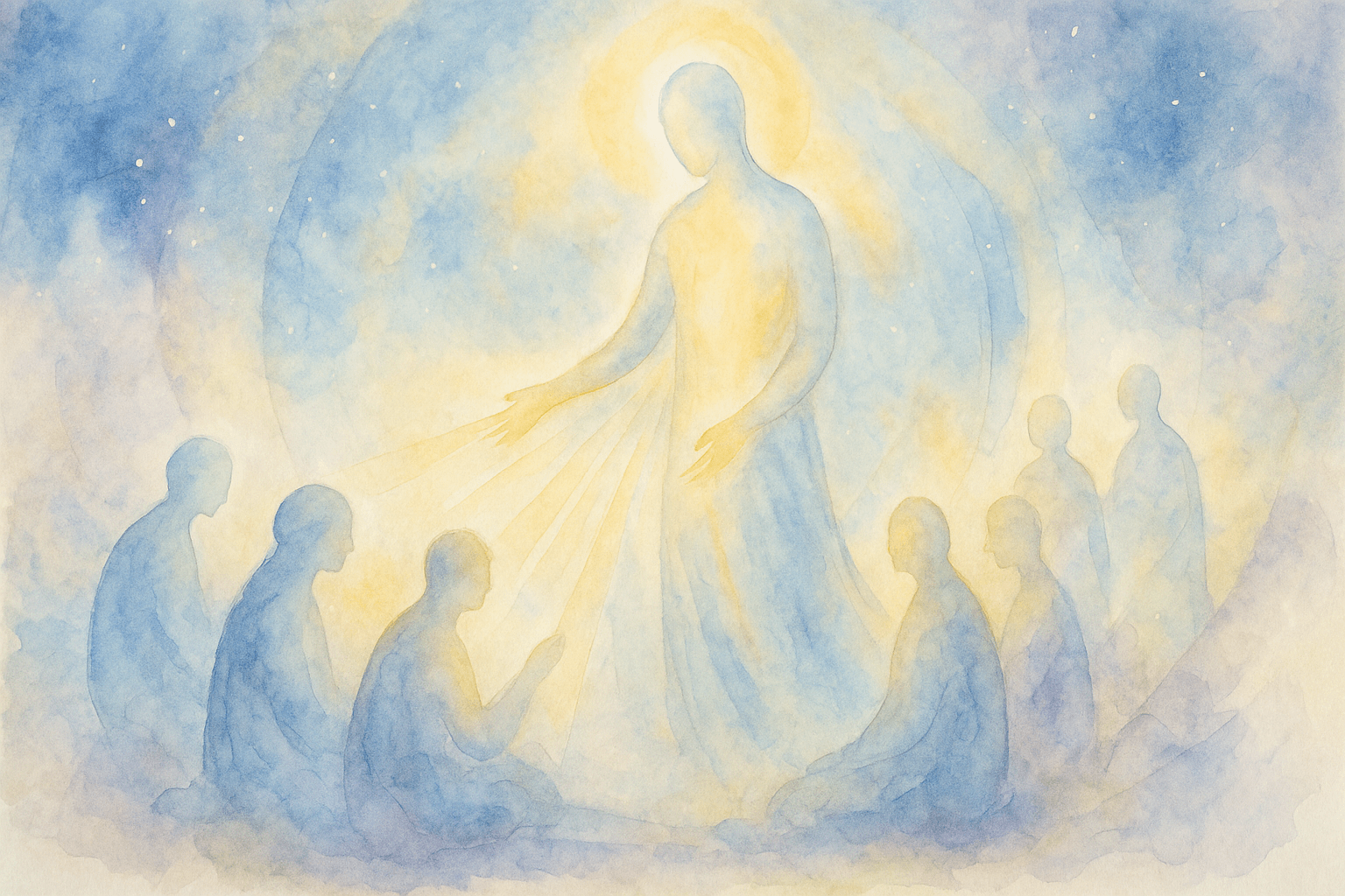 Illustration poétique en aquarelle d’une figure lumineuse entourée de silhouettes assises dans un halo céleste, symbolisant la sagesse, l’élévation spirituelle et la vibration sacrée du nombre 33.