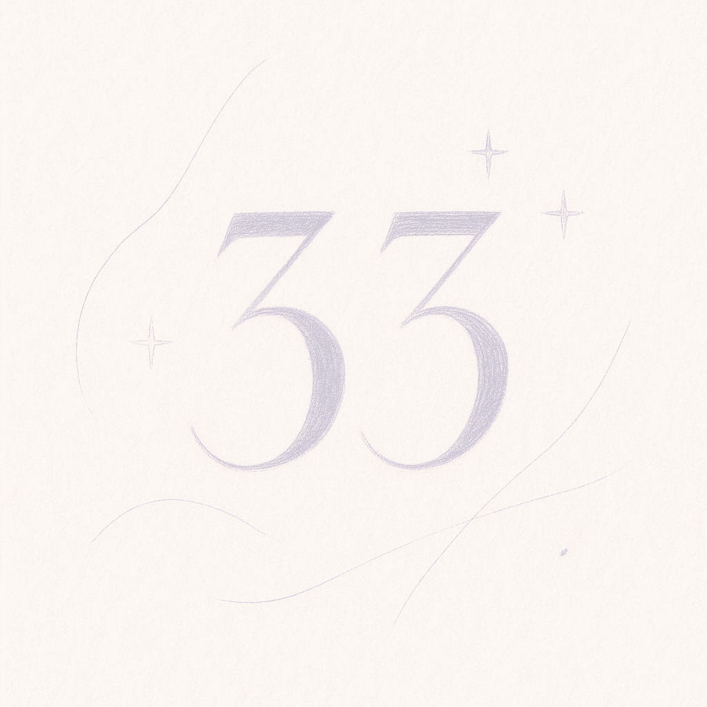 Illustration délicate et minimaliste du nombre 33 tracé au crayon dans des tons violets, rehaussé d’étoiles et de lignes douces, symbolisant l’élévation spirituelle, la maîtrise et l’harmonie du 33.