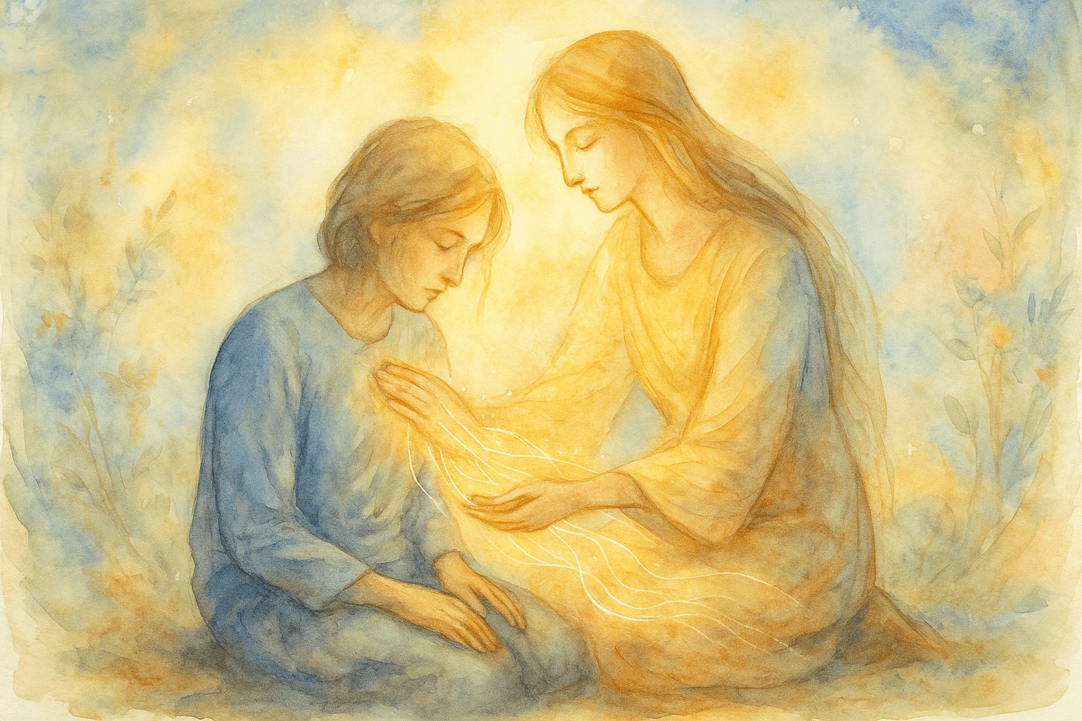 Illustration lumineuse en aquarelle de deux figures, l’une posant une main sur la poitrine de l’autre, un flux de lumière dorée les reliant. L’œuvre exprime la compassion, la guérison et la guidance spirituelle, en lien avec l’énergie sacrée du nombre 33.