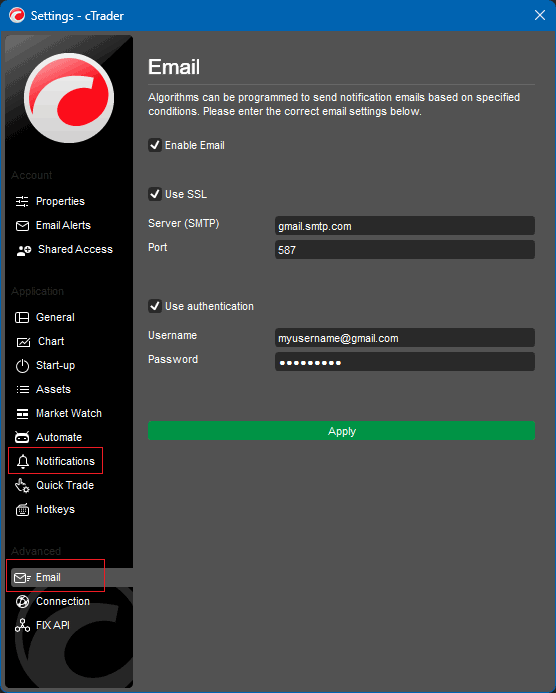 cTrader email setup