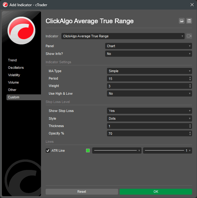 cTrader Indicator Settings