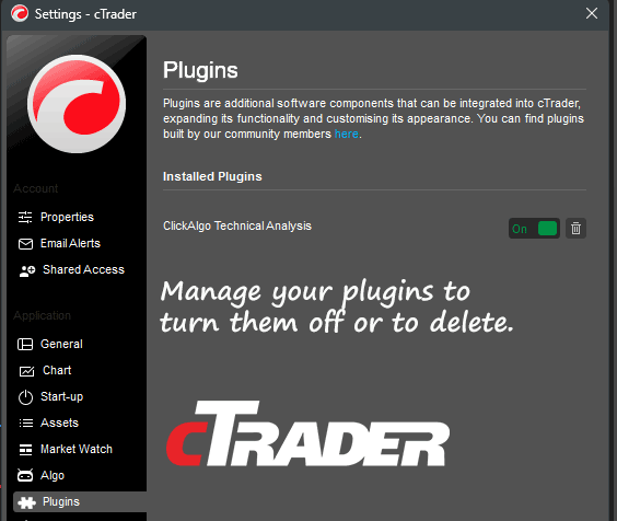 cTrader Manage Plugins