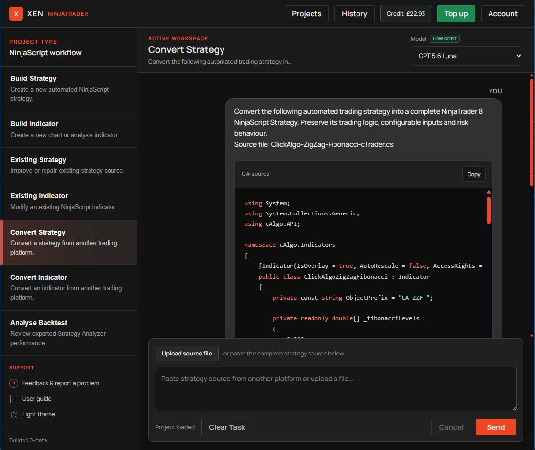 NinjaTrader Xen AI workspace for creating NinjaScript indicators and automated strategies