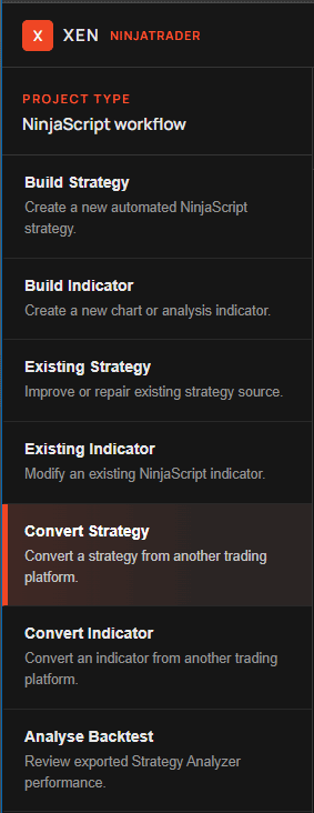 NinjaTrader Xen task panel showing build, existing-code, conversion and backtest tasks.