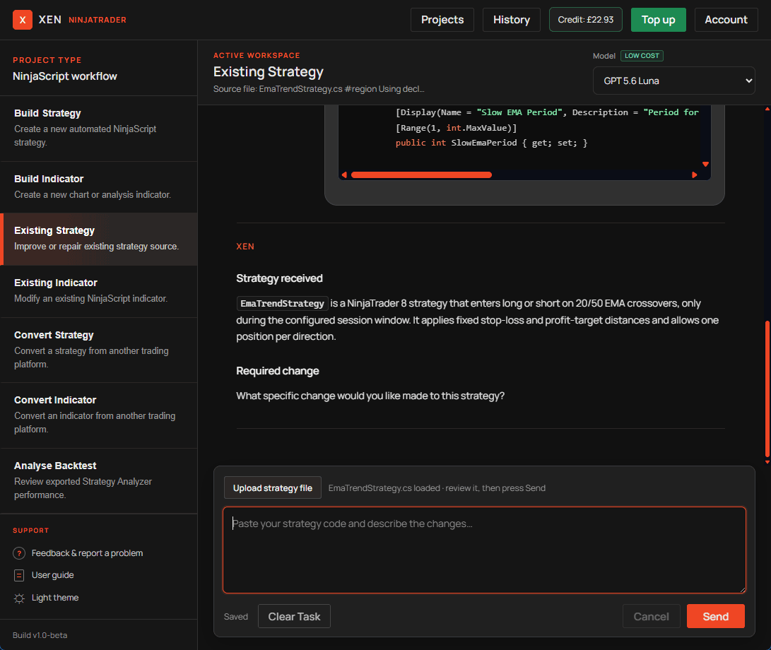 Uploading an existing NinjaScript Strategy to Xen.