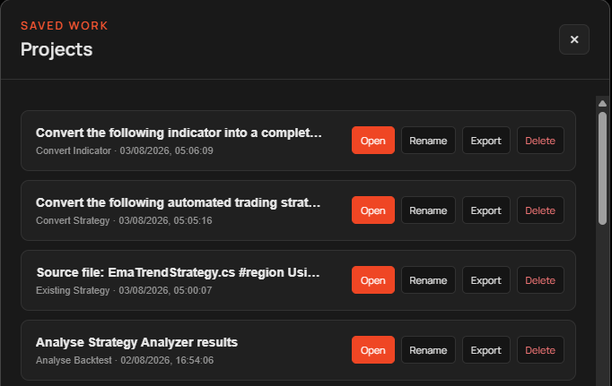 Saved NinjaTrader Xen projects and project actions.