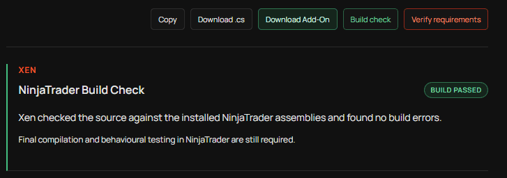 Successful NinjaTrader Xen Build Check with the next workflow action.