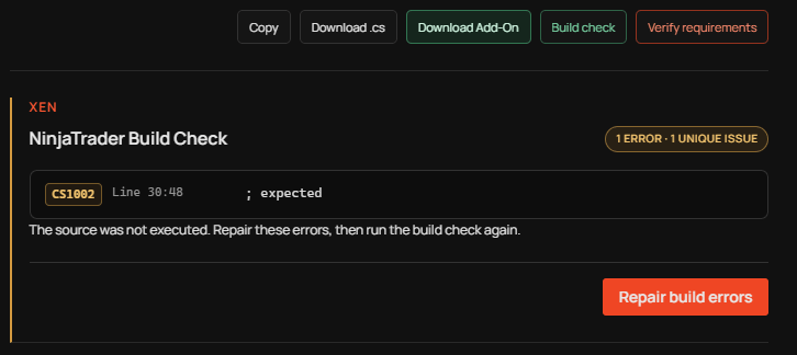 Grouped NinjaScript compiler errors in NinjaTrader Xen.
