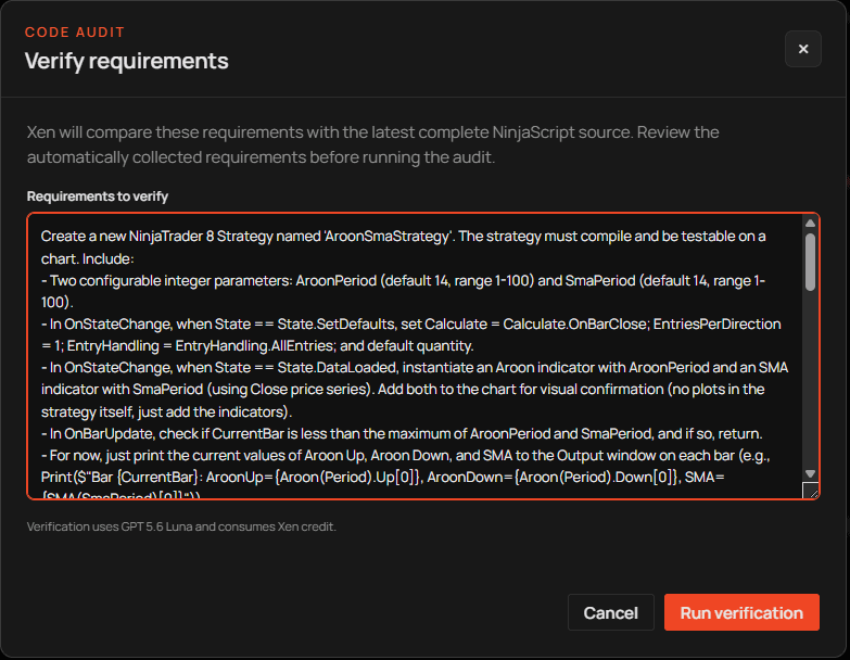 Verify requirements action for generated NinjaScript.