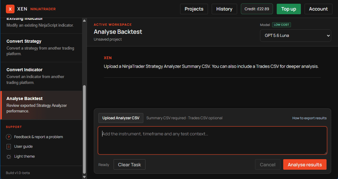 NinjaTrader Xen Analyse Backtest task ready for a Strategy Analyzer CSV upload.