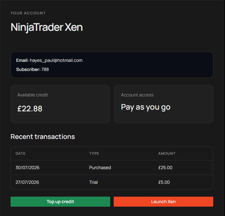 NinjaTrader Xen credit balance and account controls.