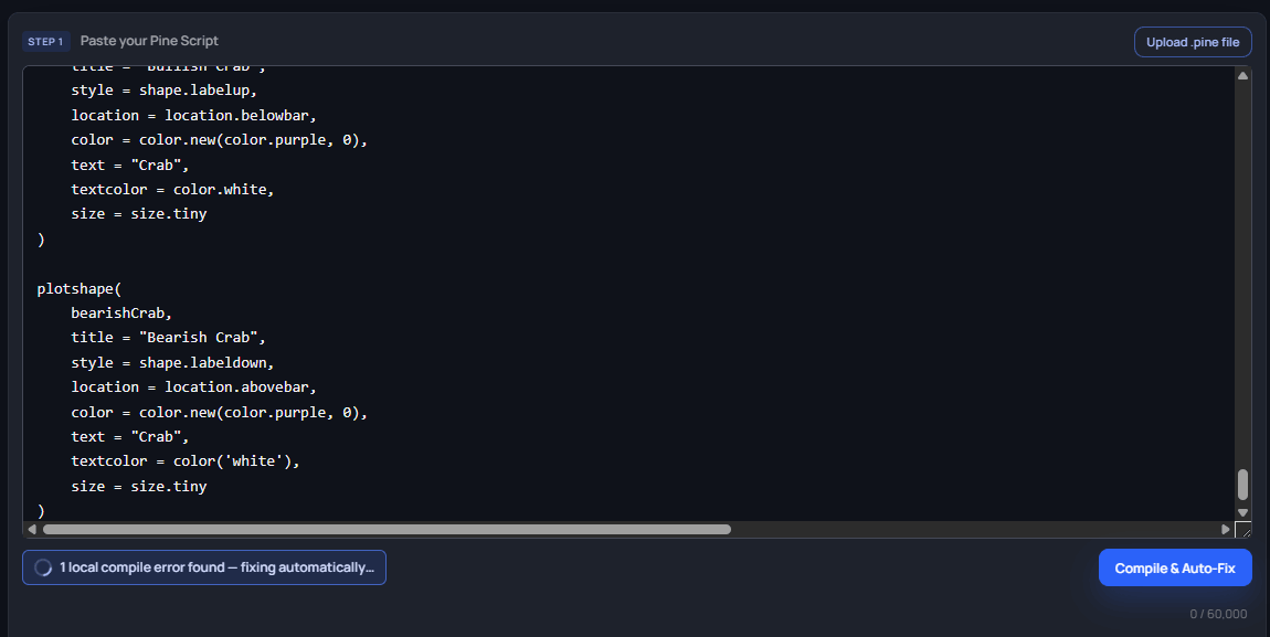 TradingView Xen compiling Pine Script and automatically fixing detected errors.