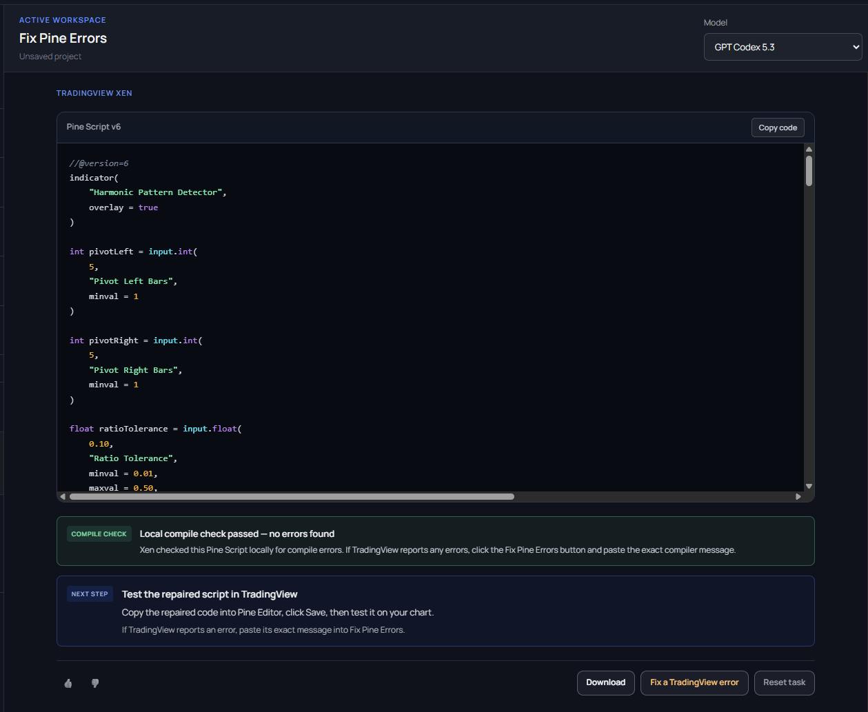 A repaired Pine Script with the local compile check passed and ready for TradingView testing.