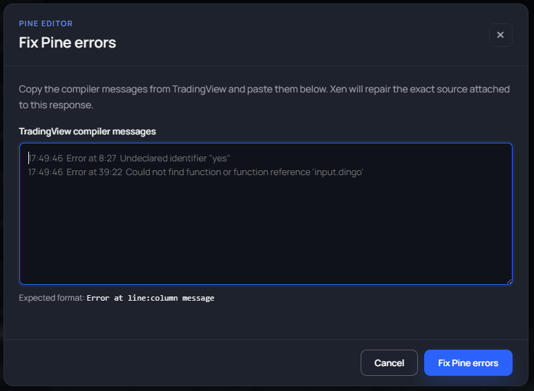 TradingView compiler diagnostic pasted into the Fix Pine Errors fallback field.
