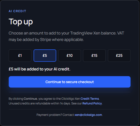 TradingView Xen top-up page with credit and refund links.