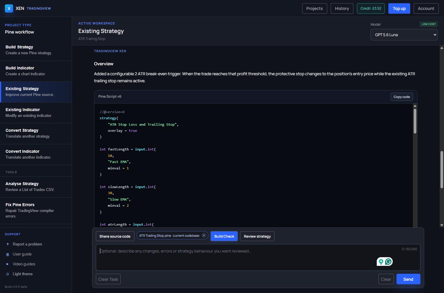 TradingView Xen workspace showing an existing Pine Script strategy, generated code and development tools