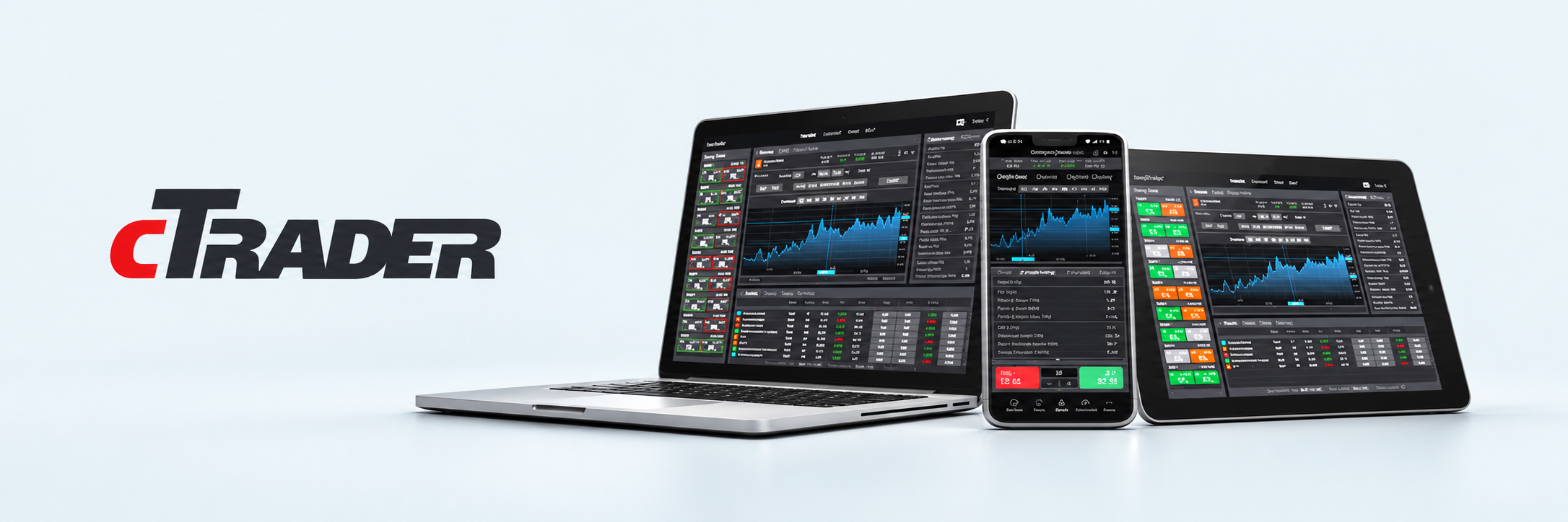 cTrader trading platform on a laptop, smartphone and tablet