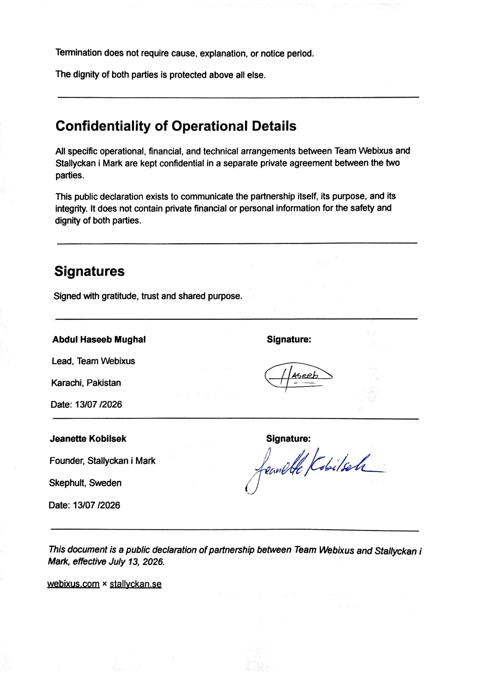Signed partnership contract between Team Webixus and Stallyckan i Mark July 2026