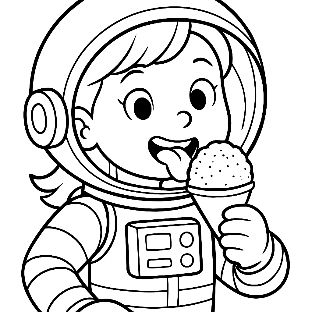 a girl astronaut eating a snow cone - Free Coloring Page