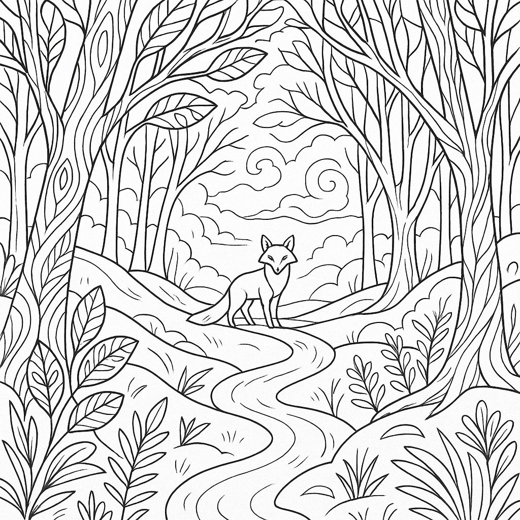 Lone fox in the wood, far off in the distance. Fantasy. - Free Coloring Page