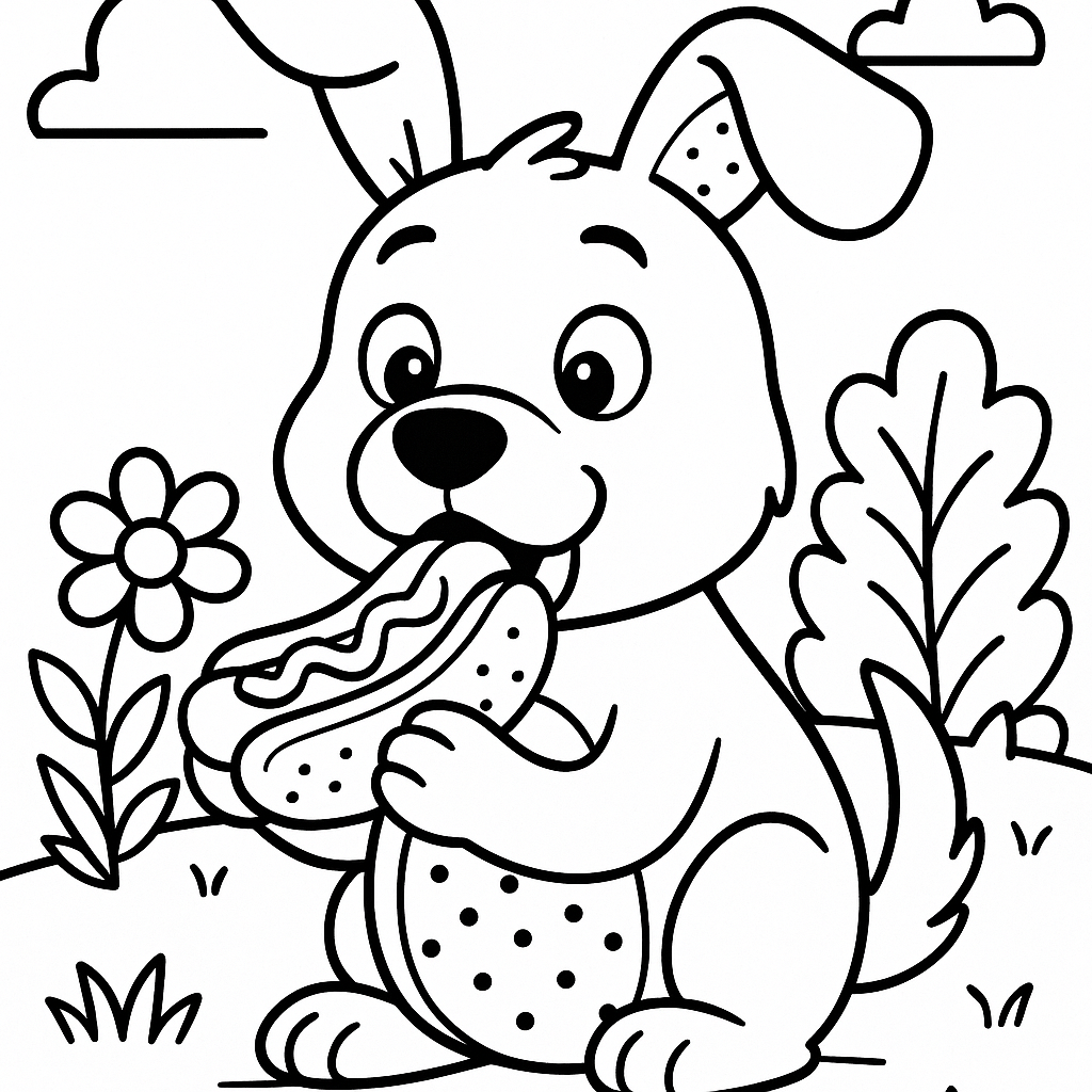 Dog Eating A Hot Dog - Free Coloring Page