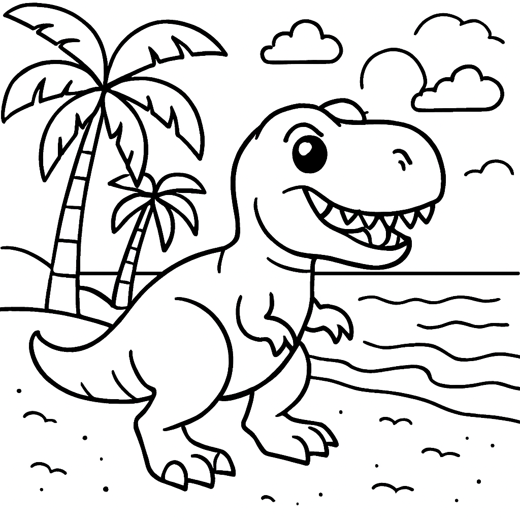 t-rex on beach - Free Coloring Page