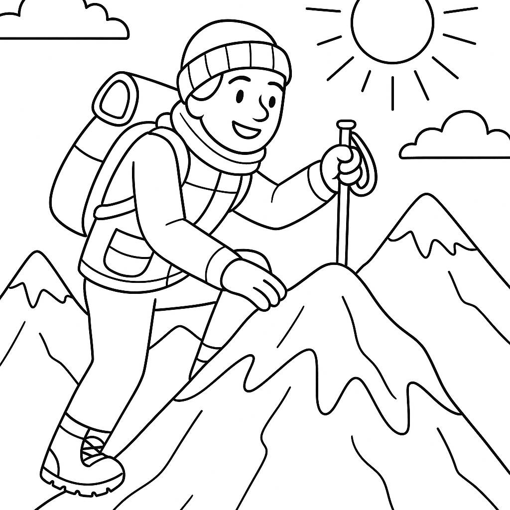 Mountain climber reaching snowy peak - Free Coloring Page