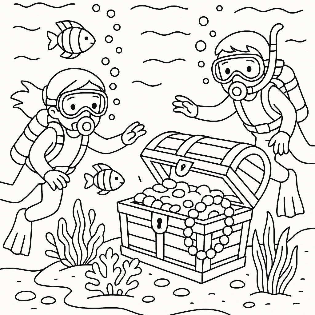 Underwater treasure hunt with scuba divers - Free Coloring Page