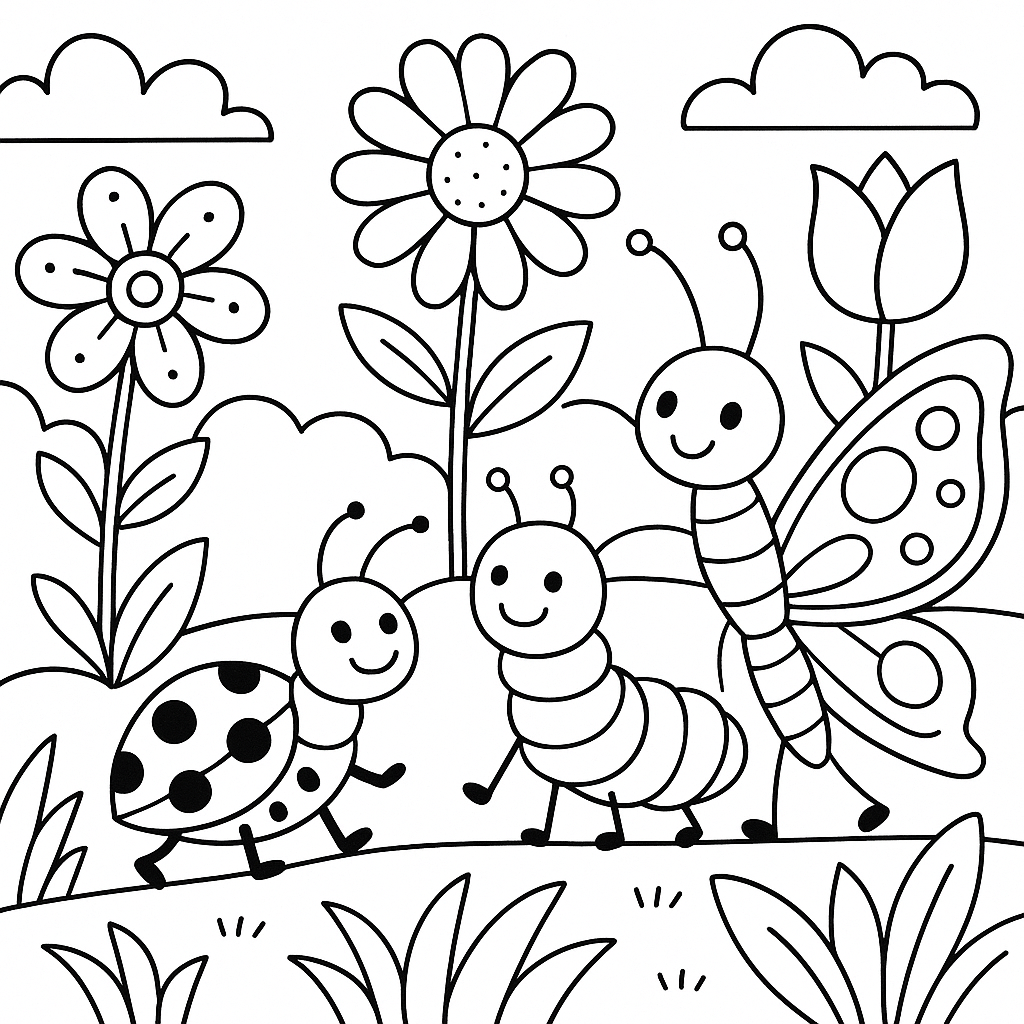 Insect parade in a flower garden - Free Coloring Page