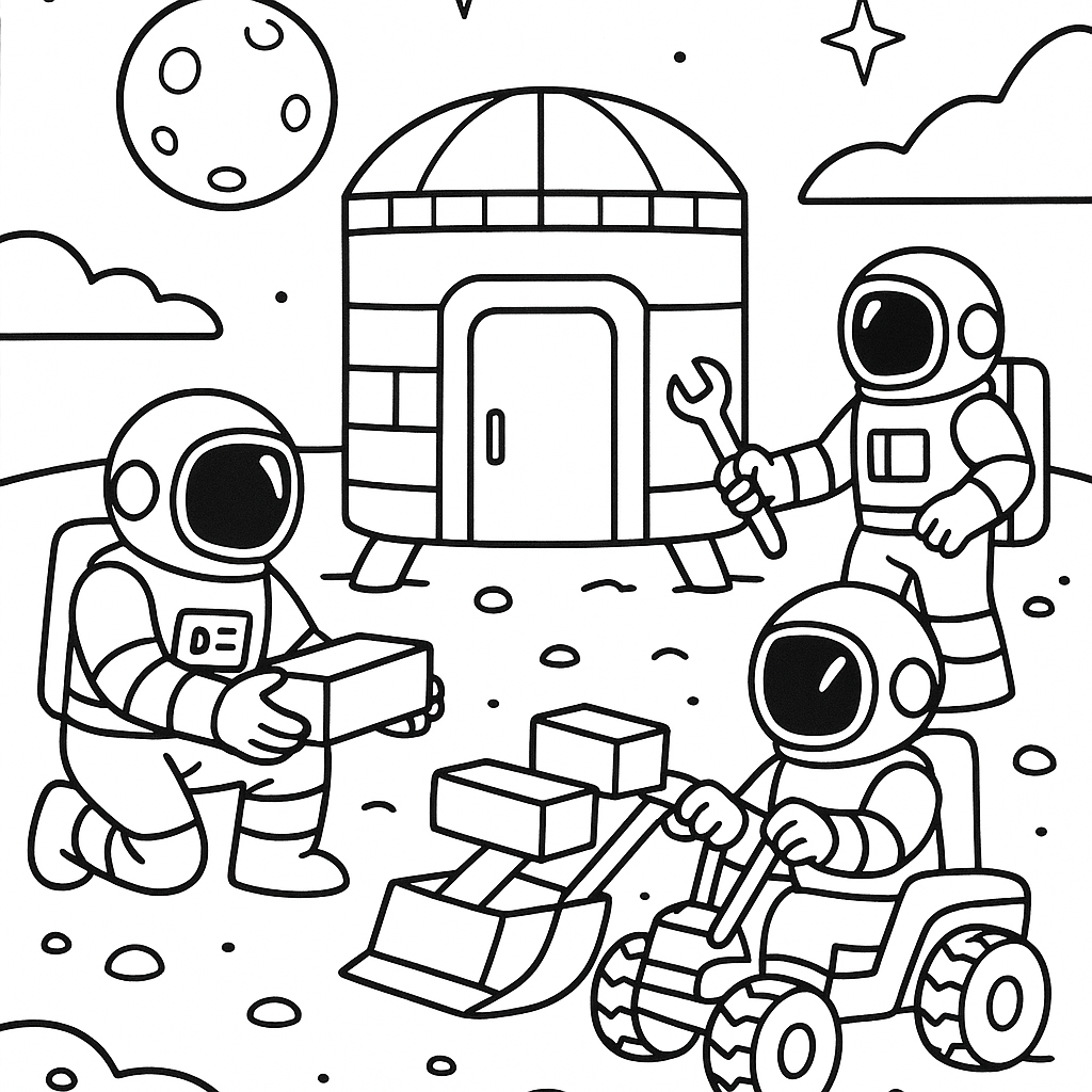 Astronauts building a moon base - Free Coloring Page