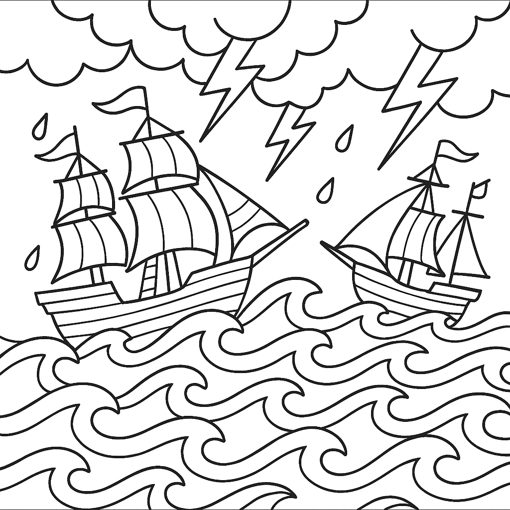 Sailing ships in a stormy sea - Free Coloring Page