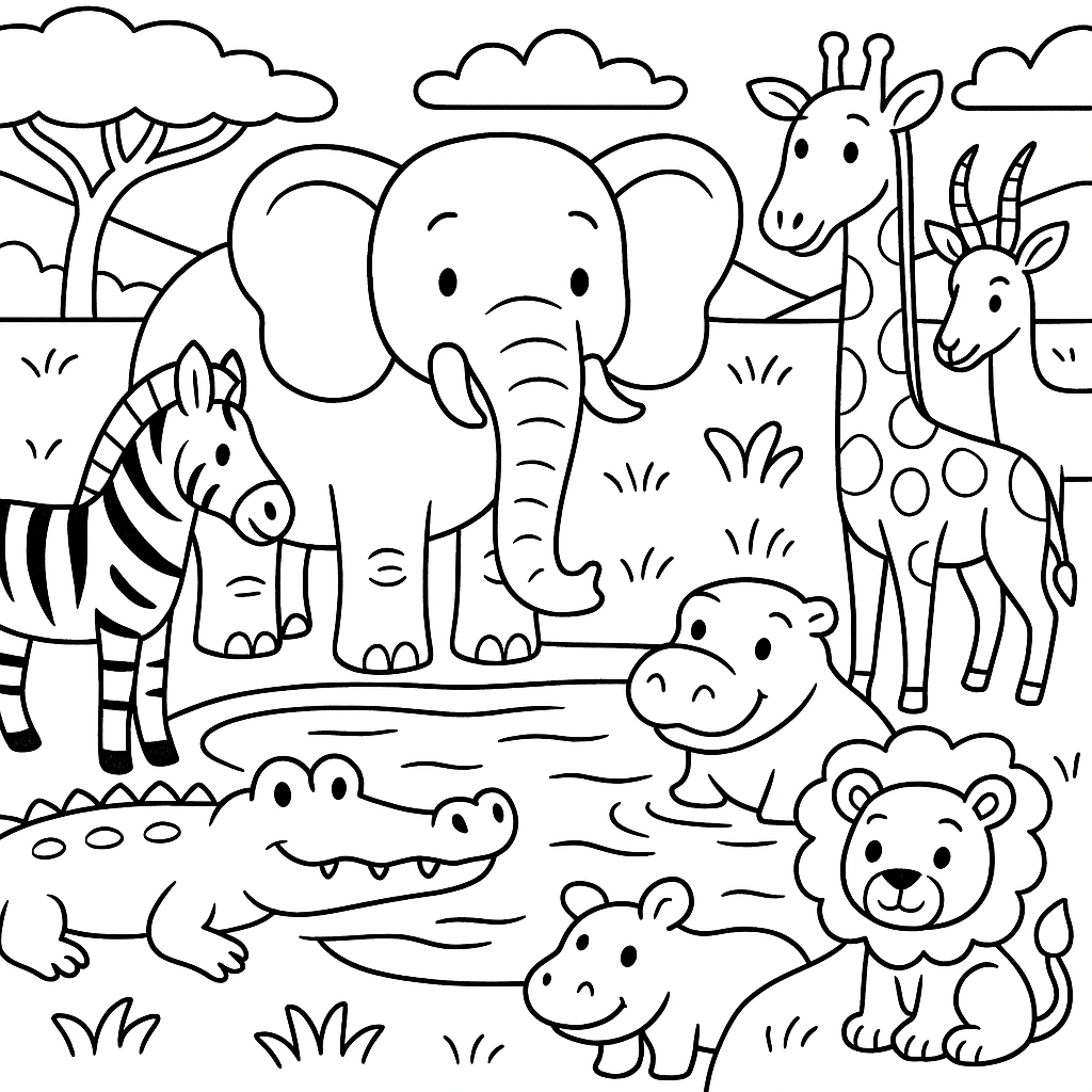 Safari animals gathering at a waterhole - Free Coloring Page