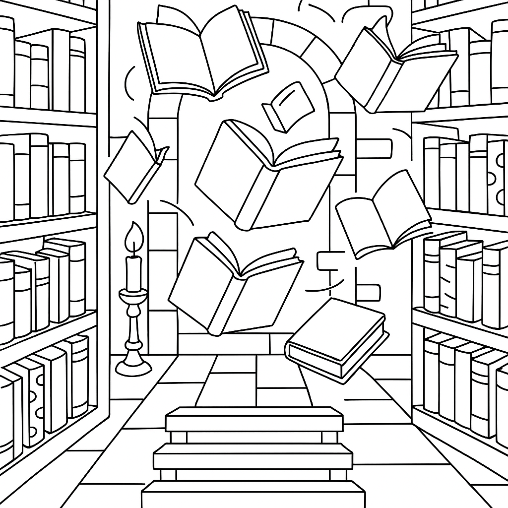 Magic library with floating books - Free Coloring Page