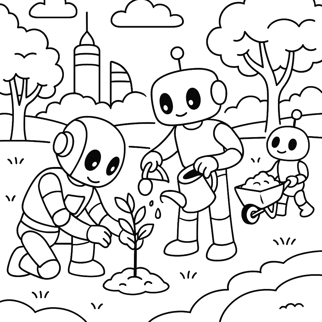 Robots planting trees in a futuristic park - Free Coloring Page
