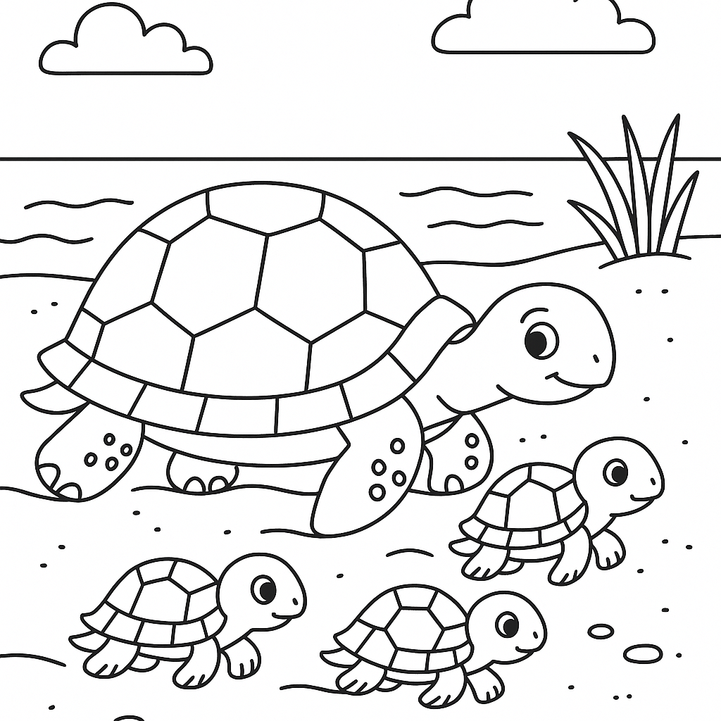 A turtle family crossing a sandy beach - Free Coloring Page