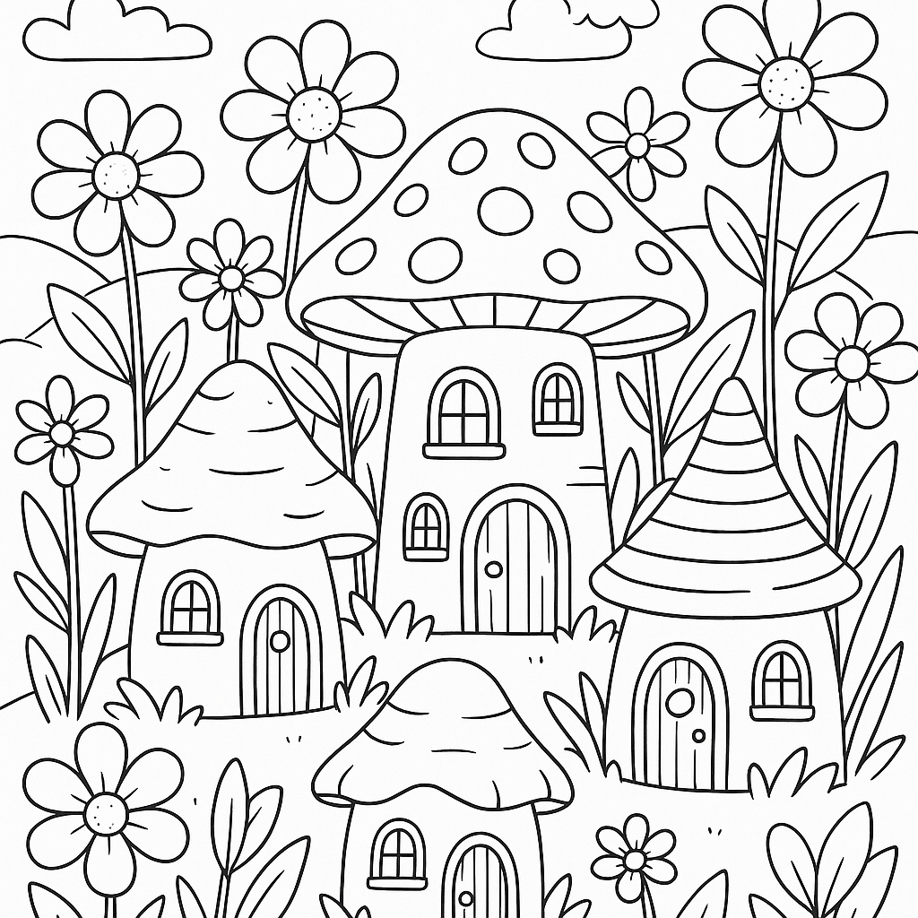 Fairy village hidden in a flower field - Free Coloring Page