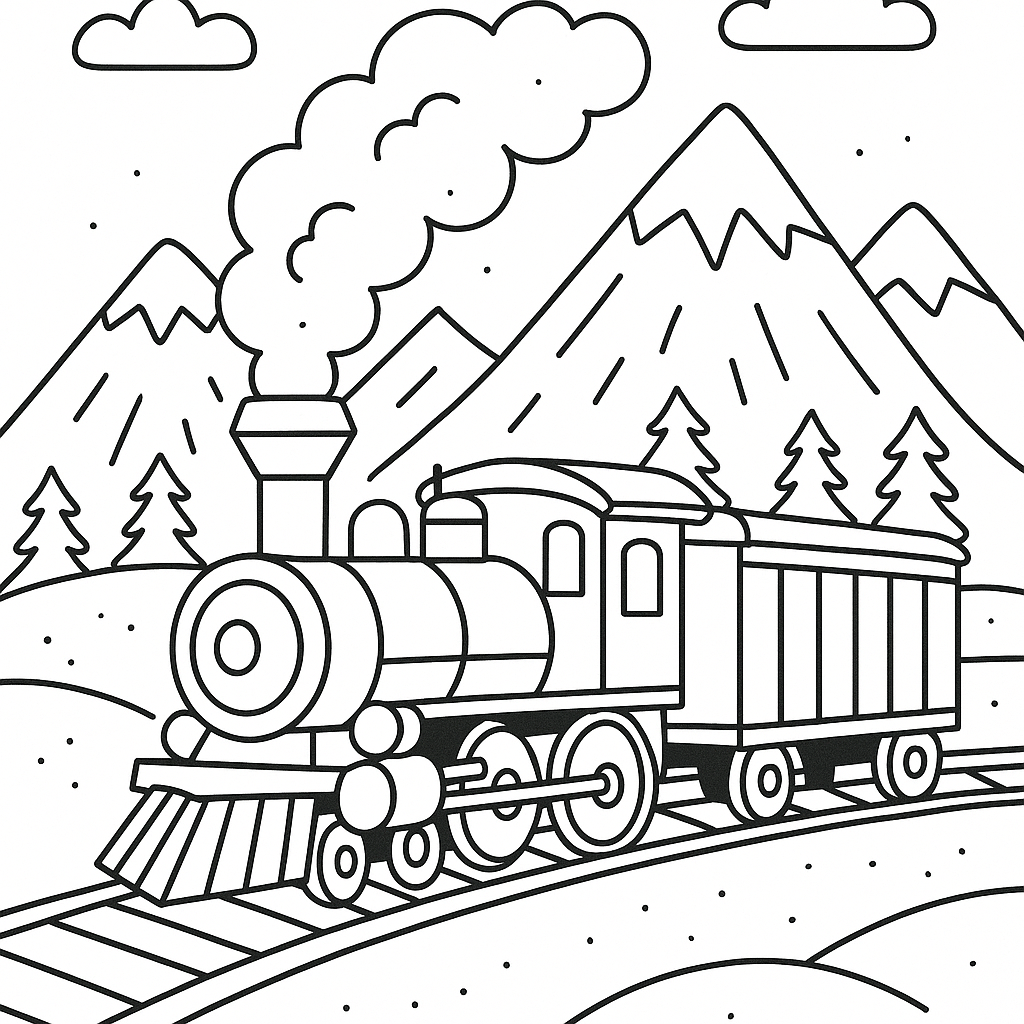 Steam train traveling through snowy mountains - Free Coloring Page