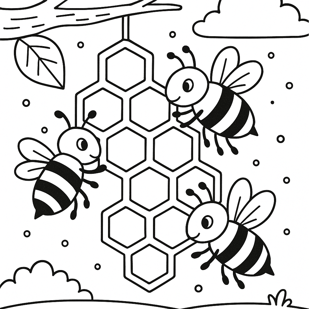 Busy bees building their honeycomb - Free Coloring Page